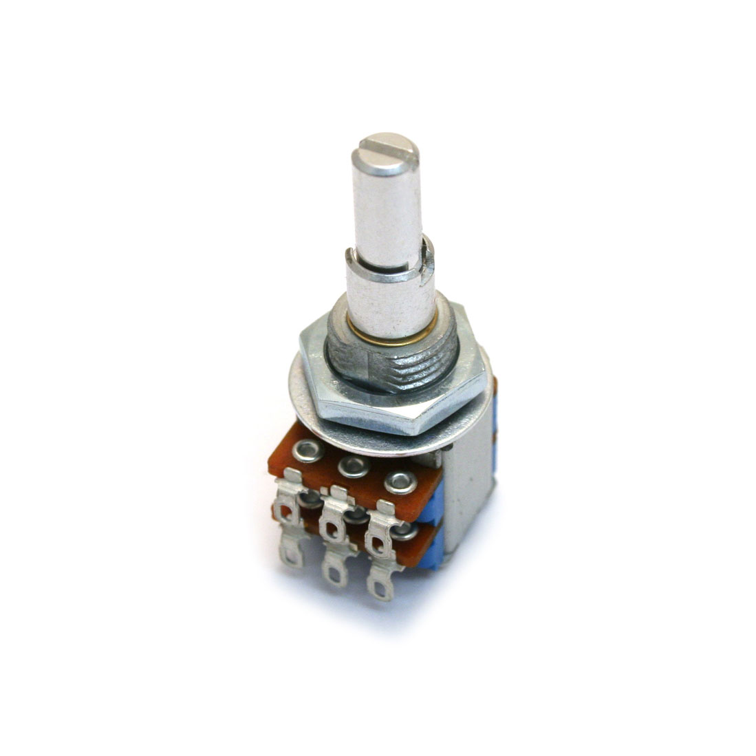 Close-up image of a metal rotary potentiometer with two stacked sections and solder lugs on a white background.