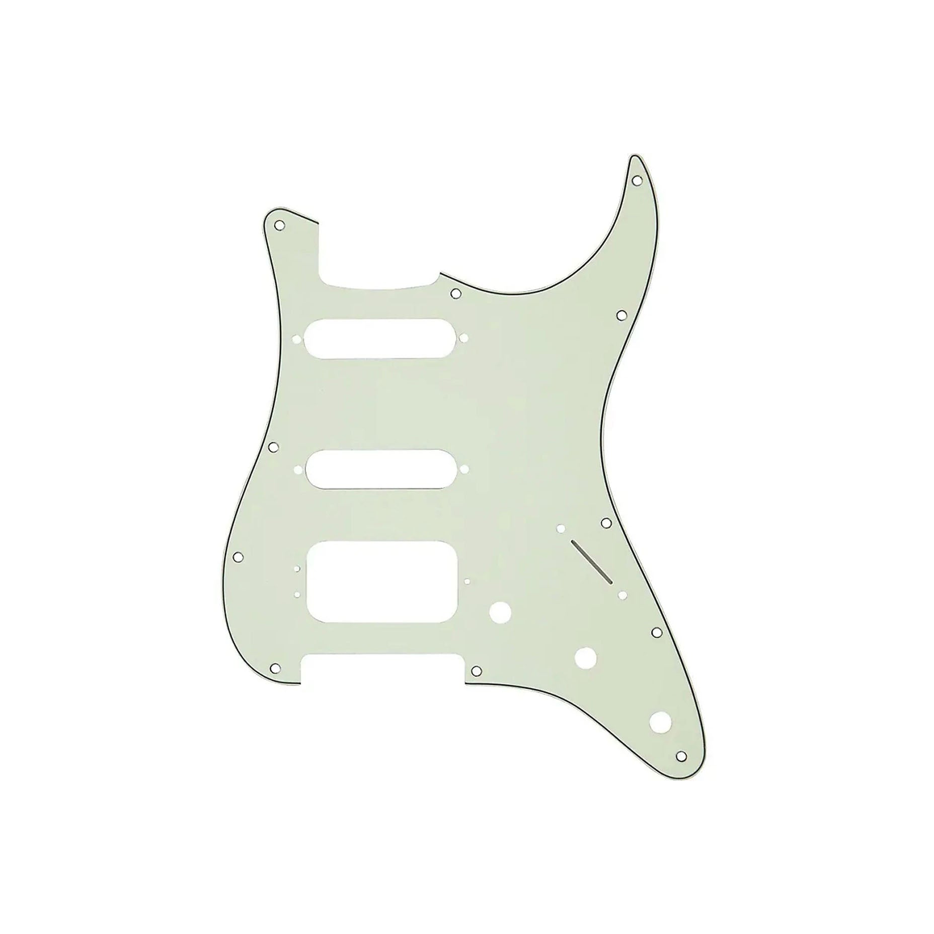 Light green guitar pickguard with multiple pickup and control holes on white background.
