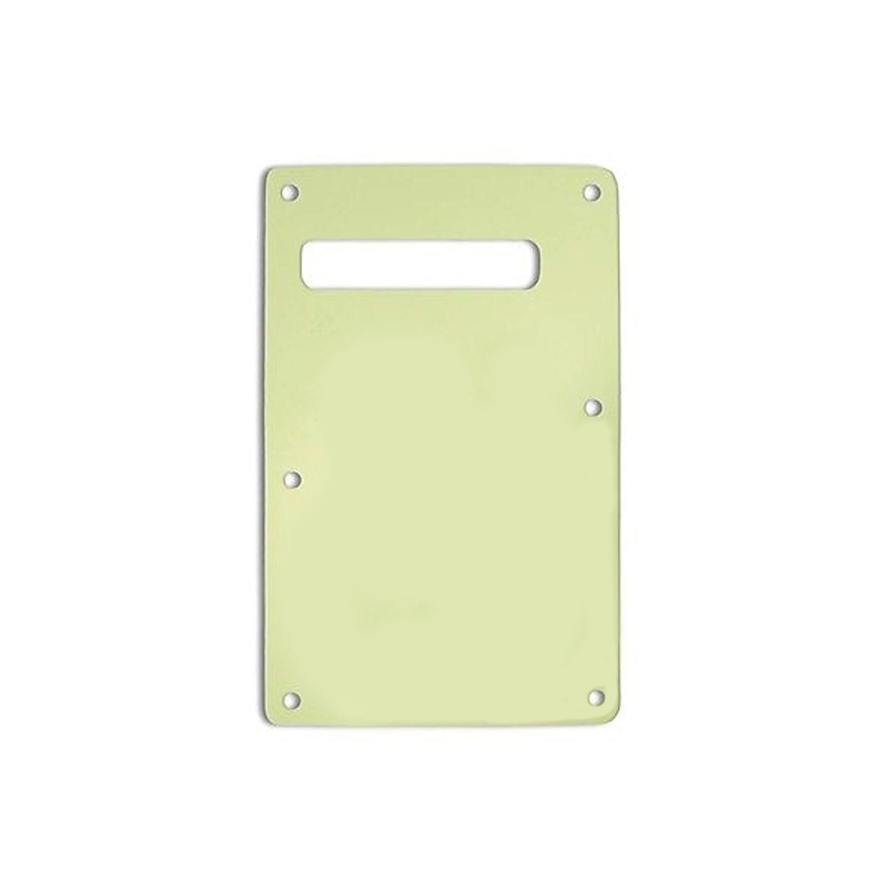 Mint green rectangular guitar tremolo backplate with six mounting holes and one rectangular cutout.