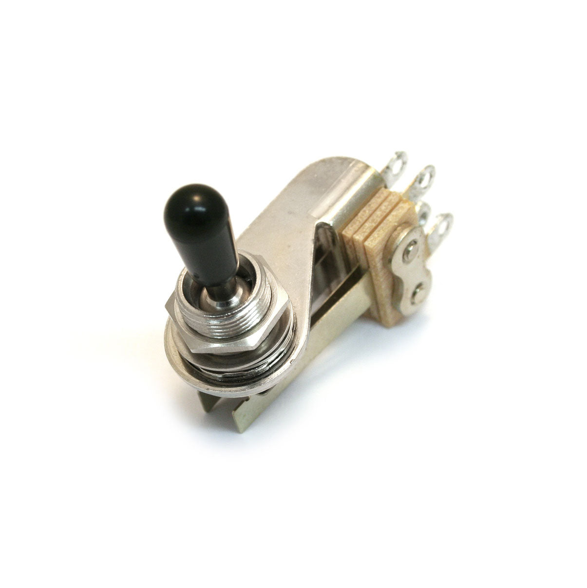 Metal 3-way toggle switch with black plastic tip and three solder lugs on a fiber board base