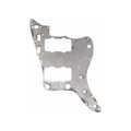 Silver metal pickguard shield with multiple cutouts and mounting holes against white background.