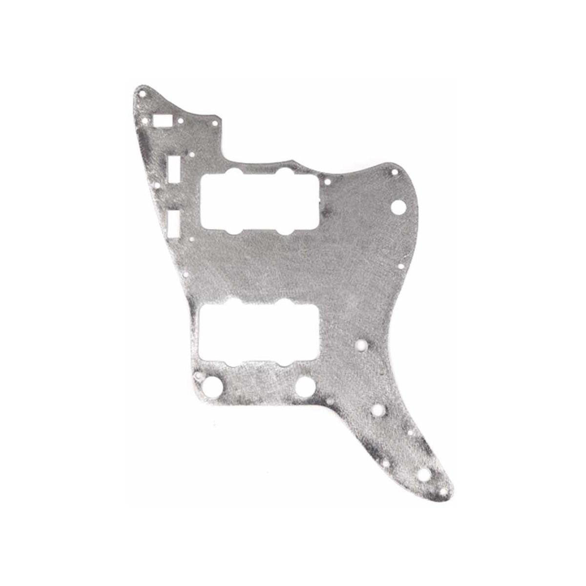 Silver metal pickguard shield with multiple cutouts and mounting holes against white background.