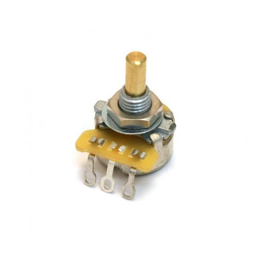 Close-up image of a metal potentiometer with a gold solid shaft and three solder lugs.