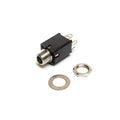 Black and silver barrel jack connector with washer and hex nut on a white background.