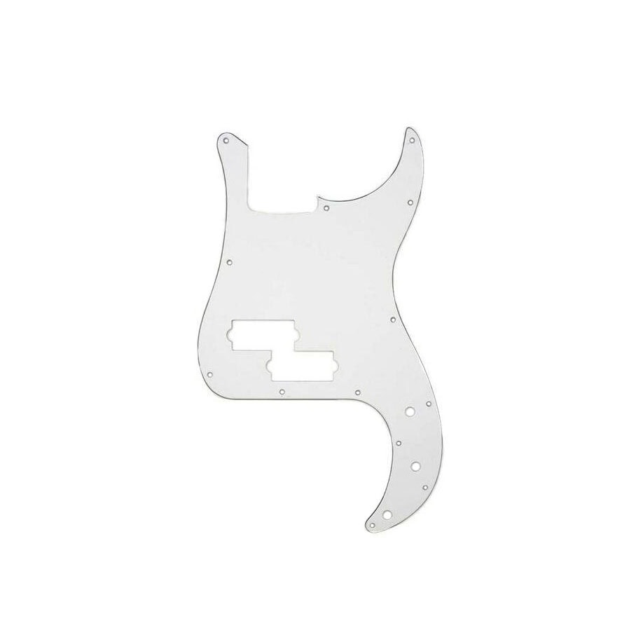 White three-ply guitar pickguard with multiple mounting holes and two rectangular pickup cutouts.