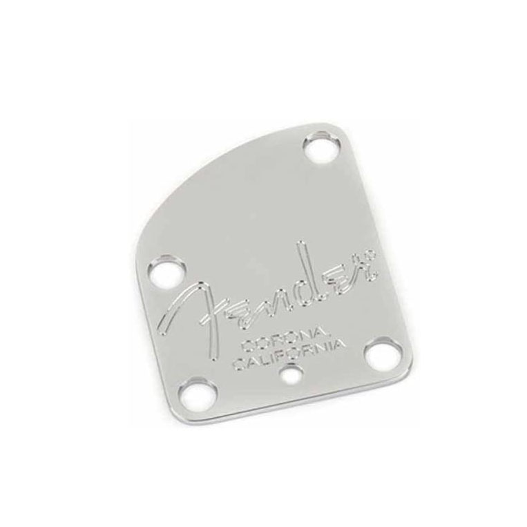 Chrome metal plate with four screw holes and the engraved text Fender Corona California.
