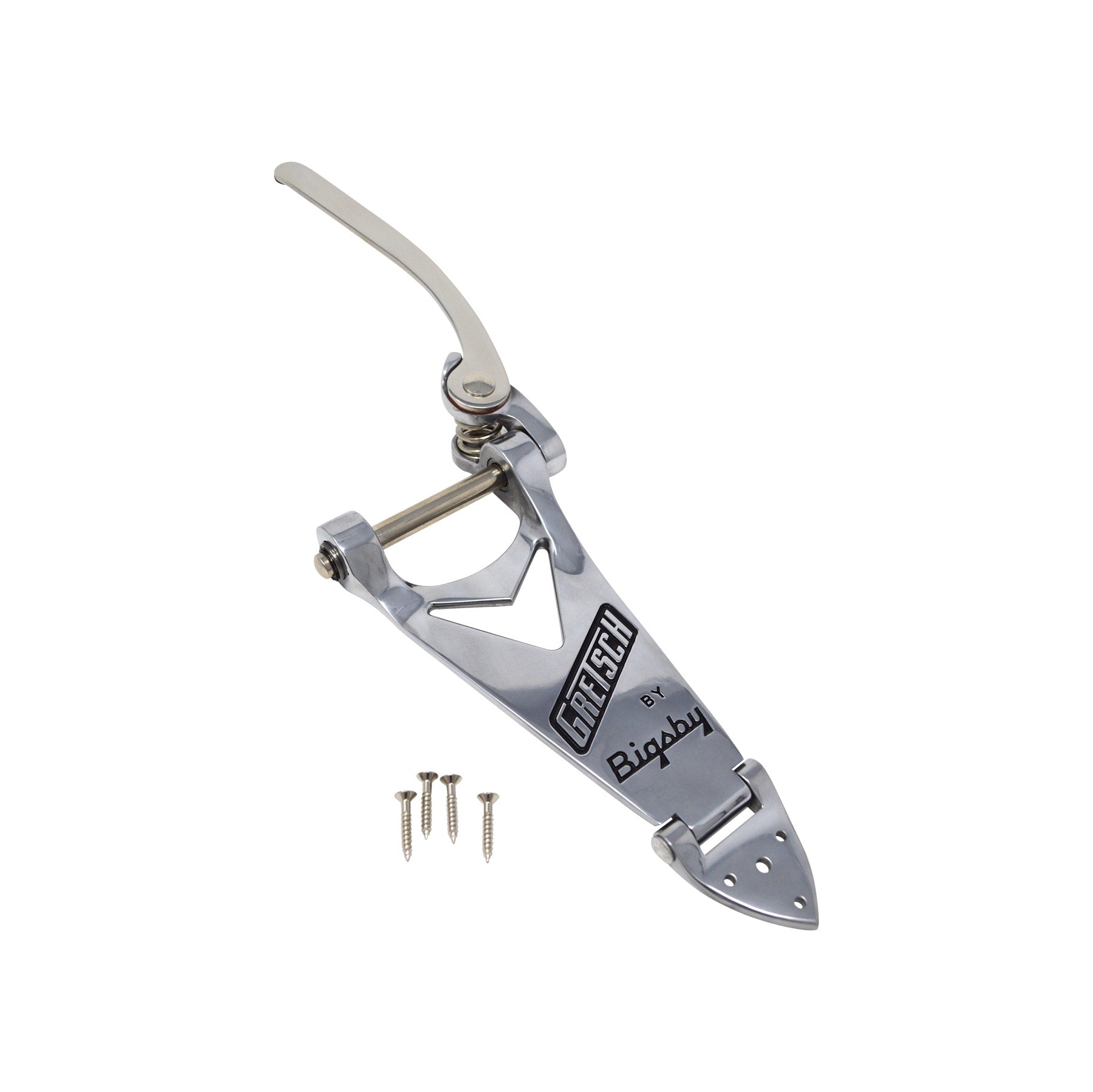 Polished metal guitar tailpiece with lever arm and four screws on a white background
