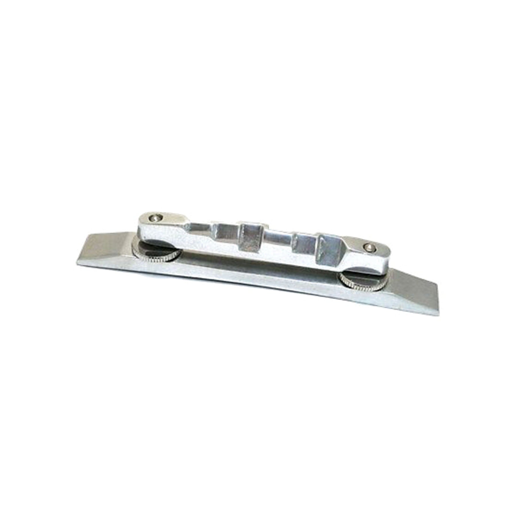 Polished silver metal bridge assembly with adjustment screws on each end.