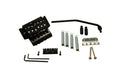 Black guitar tremolo bridge with springs, mounting screws, whammy bar, hex wrenches, and other hardware parts on white background.