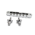 Chrome guitar bridge with six adjustable saddles and two knurled mounting posts on a white background.