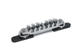 Chrome guitar bridge assembly with six adjustable saddles mounted on a black base plate.