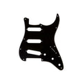 Black guitar pickguard with eleven holes and cutouts for pickups and controls.