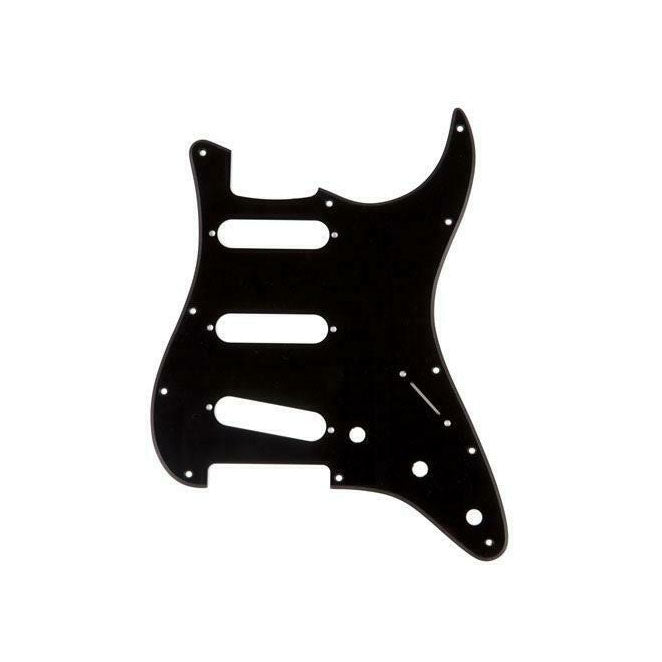Black guitar pickguard with eleven holes and cutouts for pickups and controls.