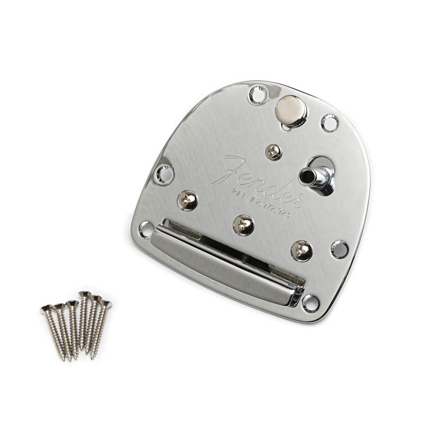 Chrome metal tremolo assembly plate with Fender engraving and six mounting screws on a white background