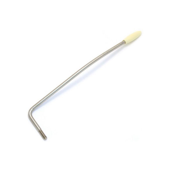 Chrome metal tremolo arm with off-white plastic tip on white background.