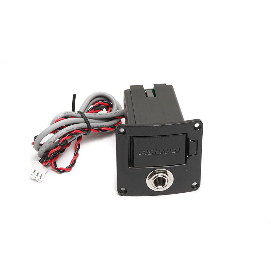 Black Fishman-branded battery box with output jack and attached wiring on white background