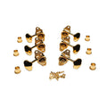 Six gold open back tuning keys with bushings and screws for a stringed instrument.