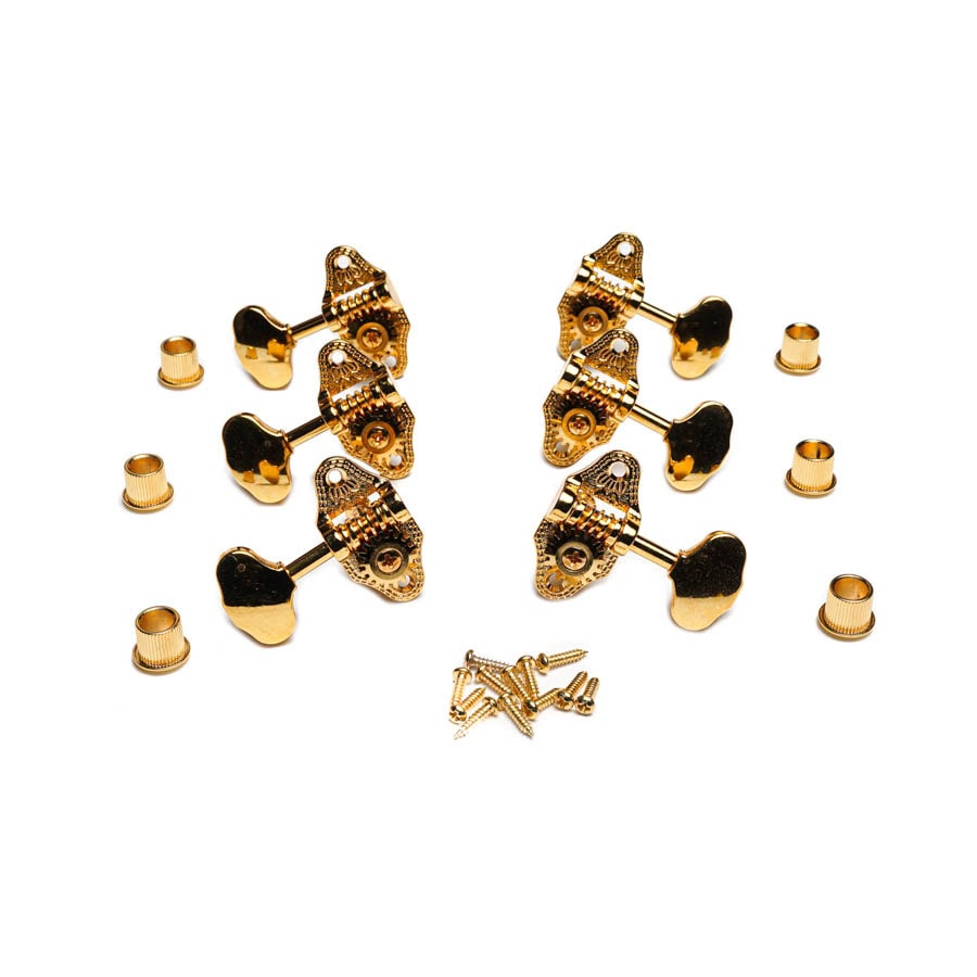 Six gold open back tuning keys with bushings and screws for a stringed instrument.