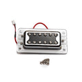 Chrome guitar pickup with black center, wired with red and black cables, and four screws on a white background.