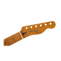 Brown wooden guitar neck with six holes for tuning pegs and 'Fender ESQUIRE' printed on the headstock.