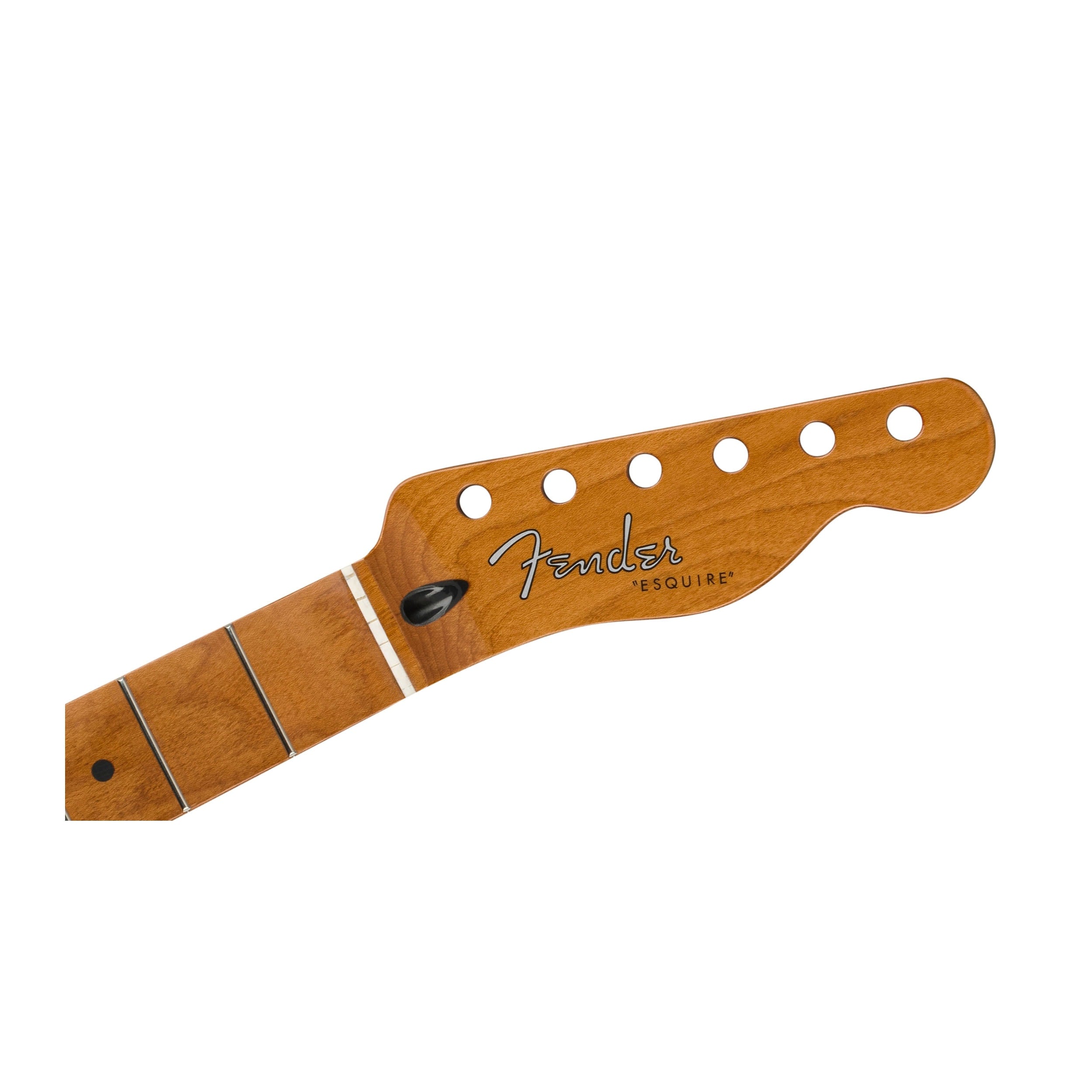 Brown wooden guitar neck with six holes for tuning pegs and 'Fender ESQUIRE' printed on the headstock.