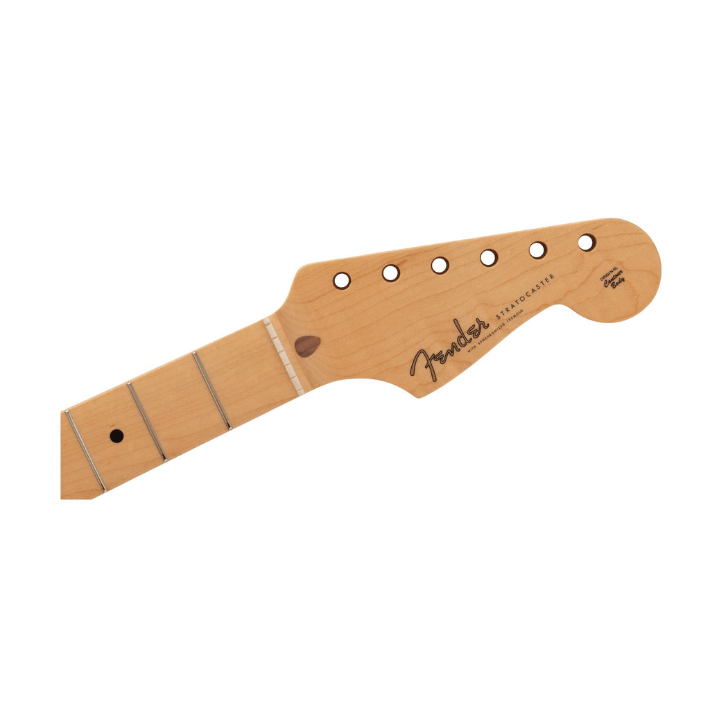 Light brown wooden guitar neck with metal frets and tuning peg holes, displaying Fender branding.