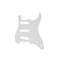 White guitar pickguard with holes for pickups and screws laid flat on white background.