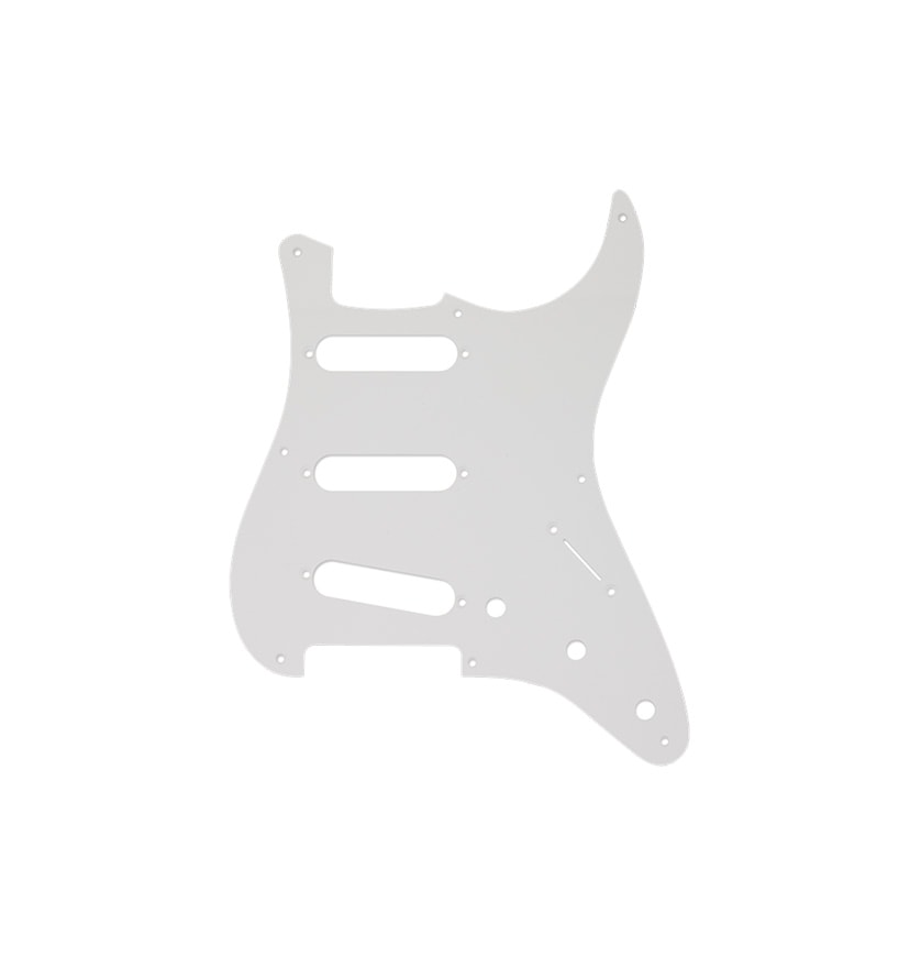 White guitar pickguard with holes for pickups and screws laid flat on white background.