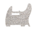 Silver sparkle 4-ply pickguard shaped for an electric guitar, displayed flat on a white background.