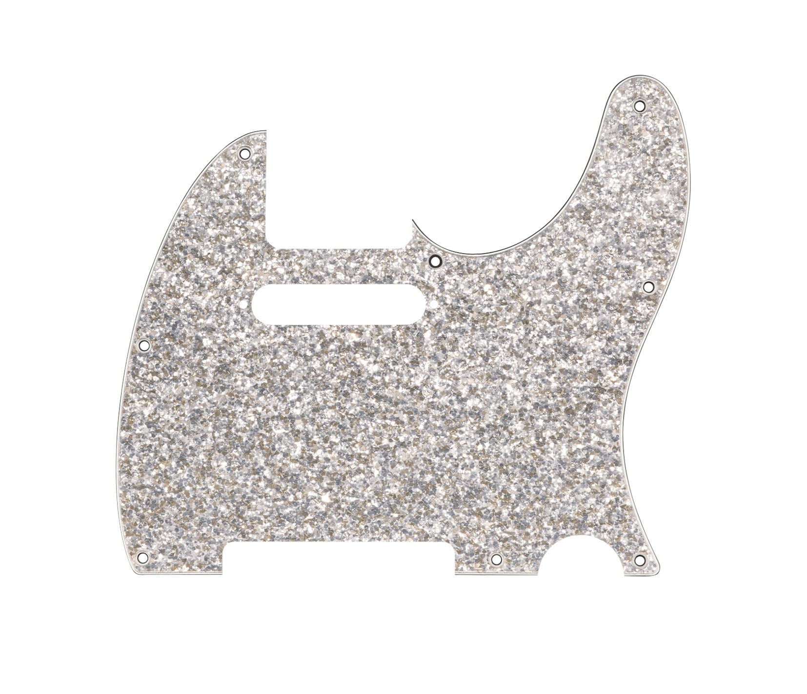 Silver sparkle 4-ply pickguard shaped for an electric guitar, displayed flat on a white background.