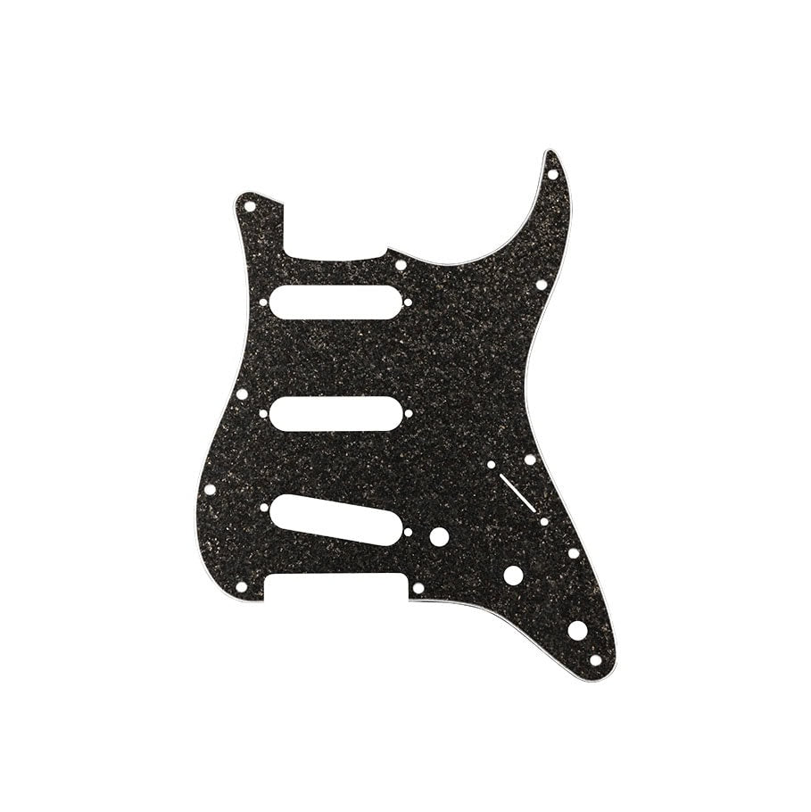 Dark gray sparkle 11-hole pickguard with cutouts for pickups and controls for a Stratocaster-style guitar.