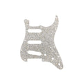 Silver glitter sparkle guitar pickguard with eleven holes and three pickup cutouts.