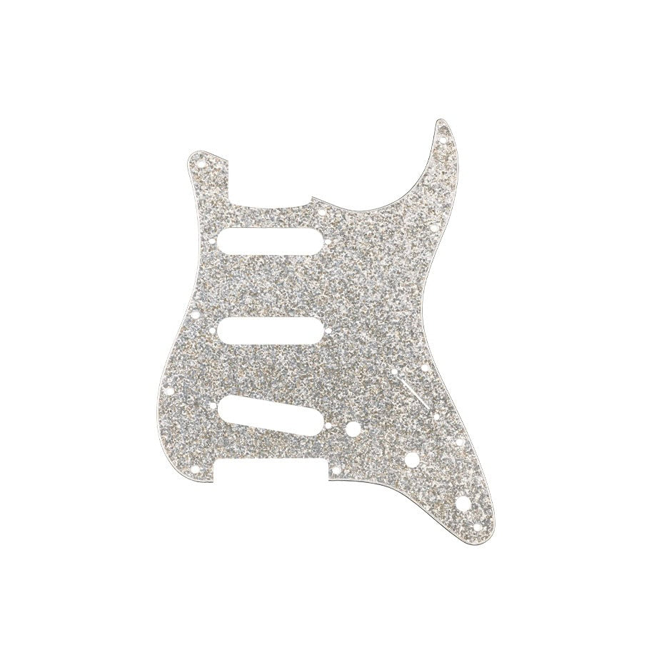 Silver glitter sparkle guitar pickguard with eleven holes and three pickup cutouts.