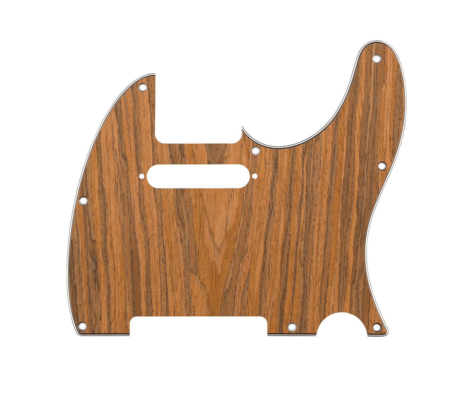 Wood-textured guitar pickguard with multiple screw holes and pickup cutouts on a white background.