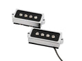 Two silver and black guitar pickups with four screws each and one wired cable.