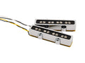Two chrome rectangular pickups with black tops and wired leads attached, laid on a white background.