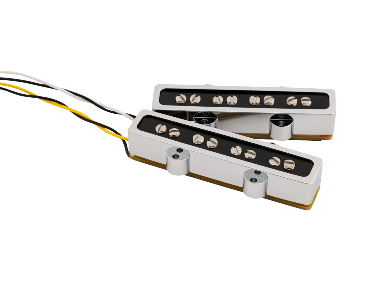 Two chrome rectangular pickups with black tops and wired leads attached, laid on a white background.