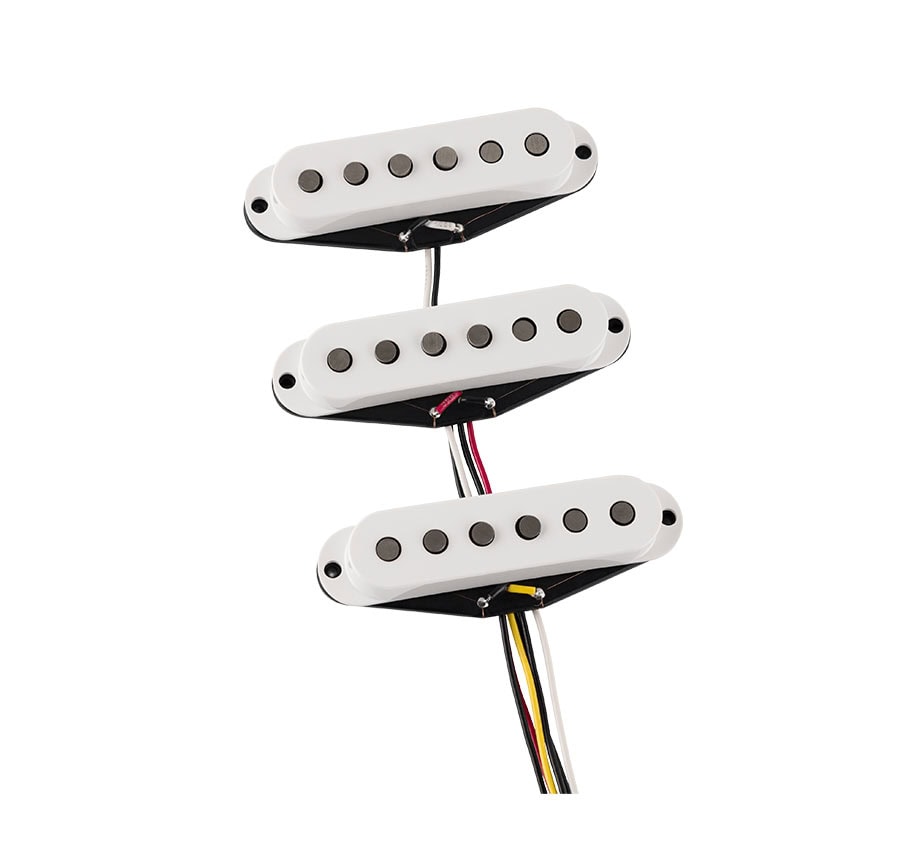 Three white single-coil guitar pickups with black pole pieces and attached wires on a white background.