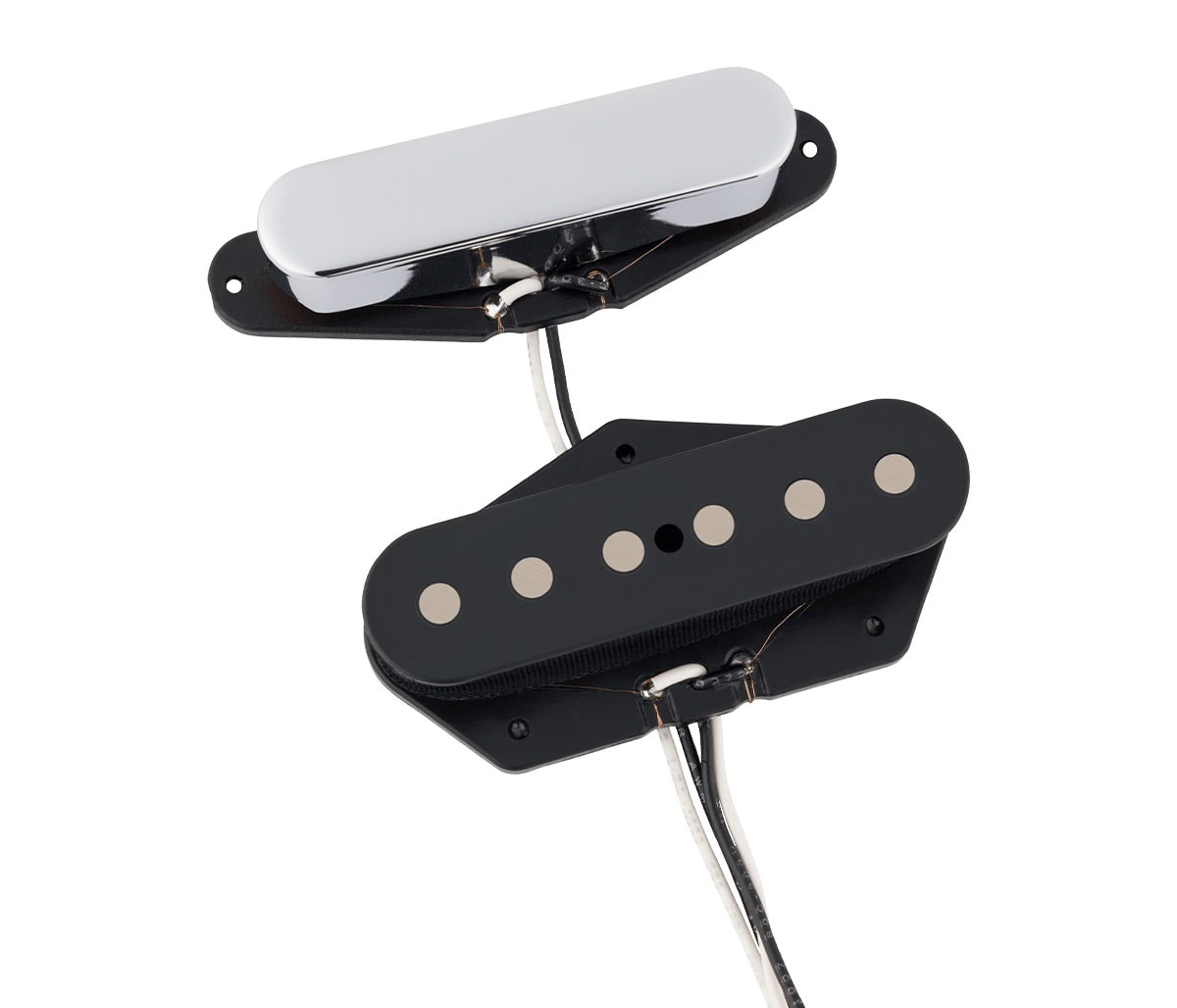 Two electric guitar pickups with black bases and wire leads, one with a silver cover and the other with visible pole pieces.