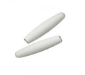 Two white cylindrical plastic tips with hollow metal-lined ends on a white background.