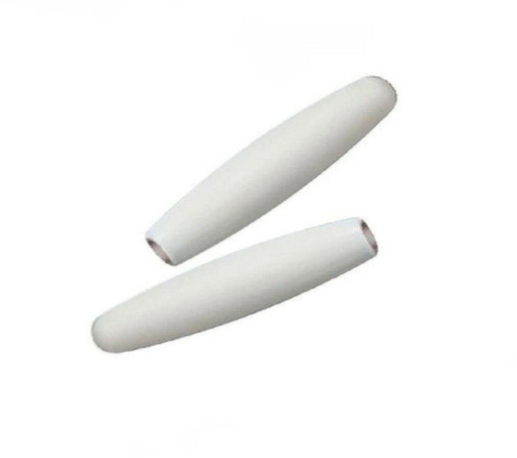 Two white cylindrical plastic tips with hollow metal-lined ends on a white background.