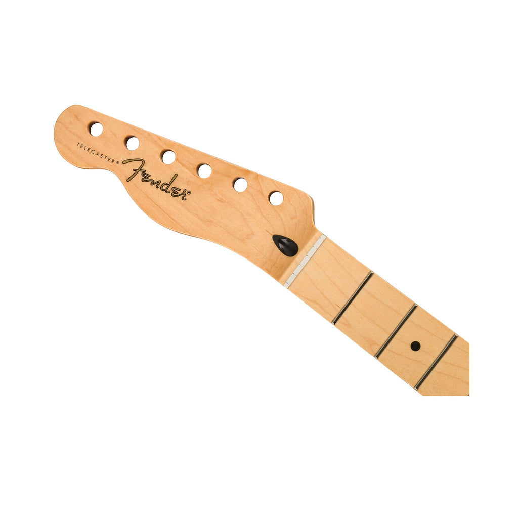 Light brown wooden guitar neck with metal frets and black Fender and Telecaster logos.