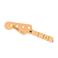 Light brown wooden guitar neck with black fret markers and 'Fender Jazz Bass' text on the headstock.