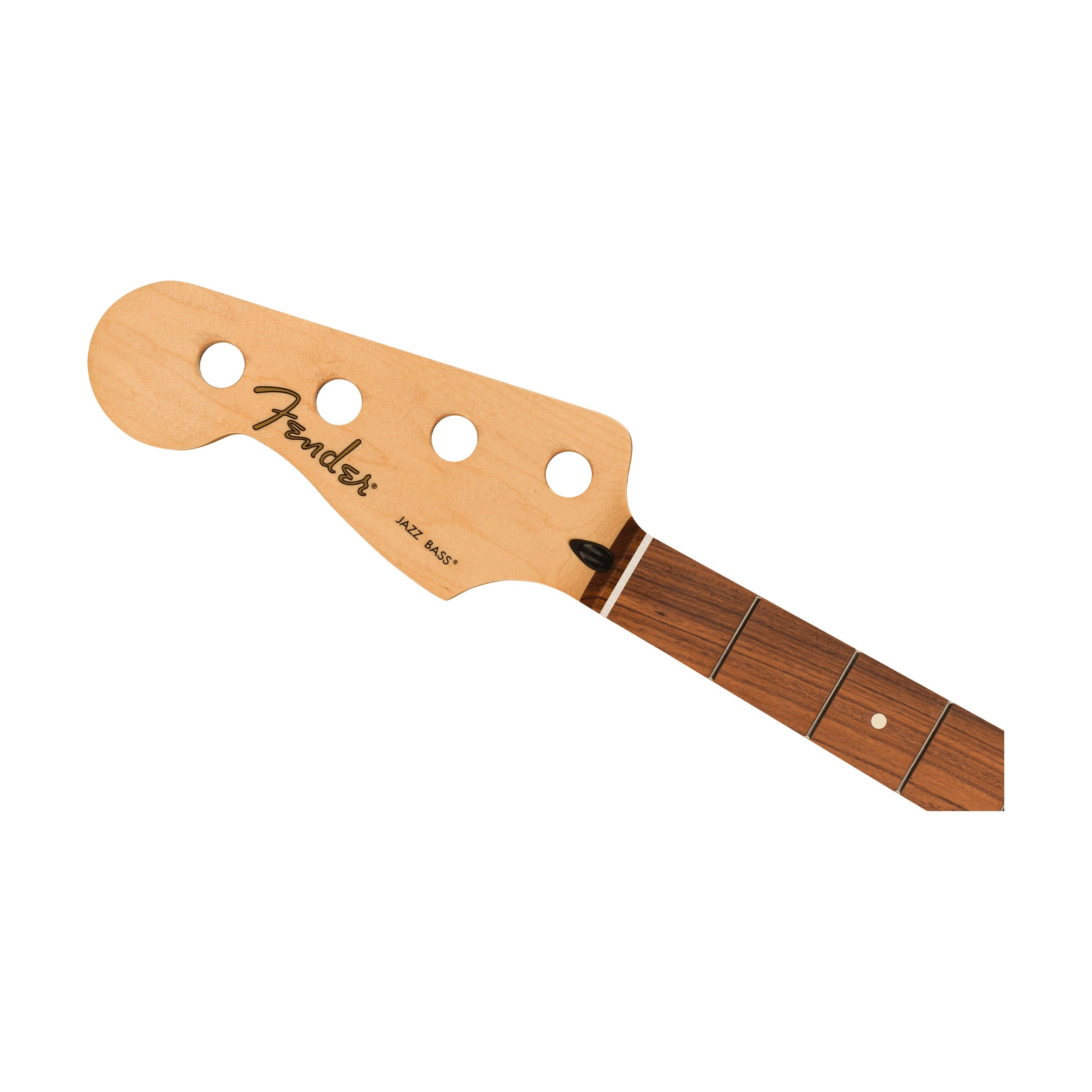 Wood guitar neck with four tuning peg holes, fretboard, and Fender Jazz Bass logo on the headstock.
