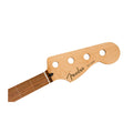 Wooden guitar neck with fretless fingerboard and headstock with four tuning peg holes.