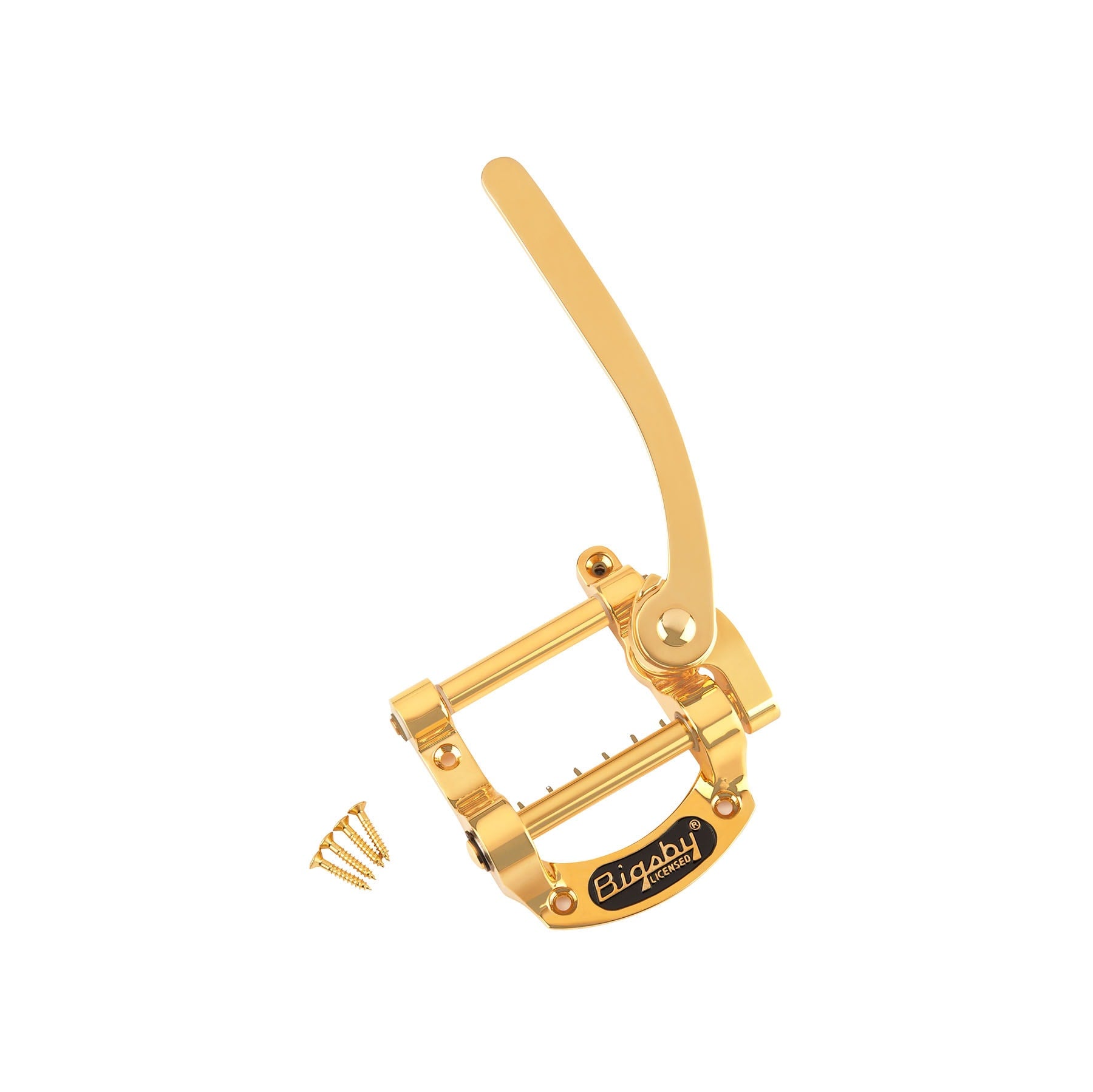 Gold-colored guitar tremolo arm unit with mounting screws on a white background.
