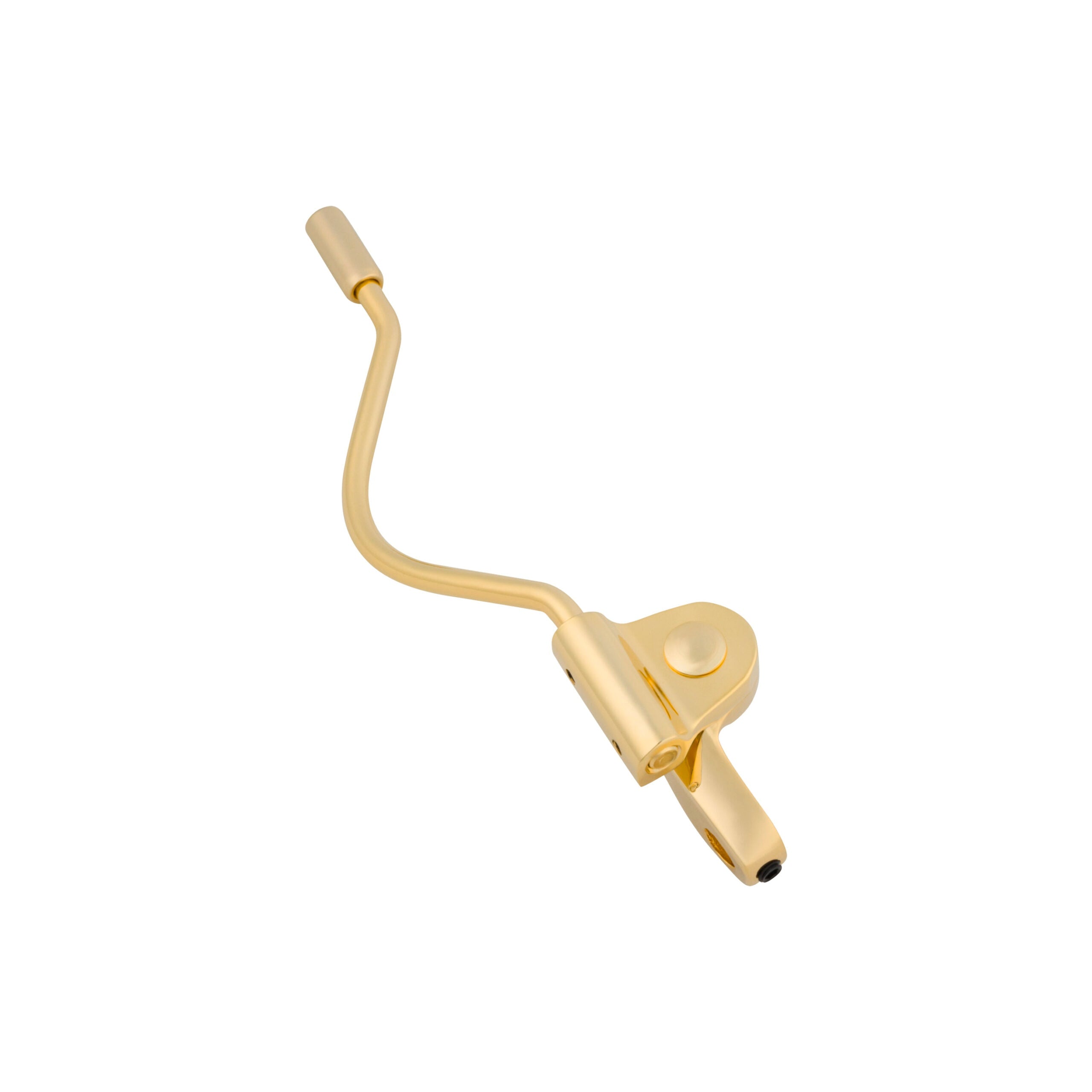Gold-colored metal handle assembly with an attached curved arm and round knob.