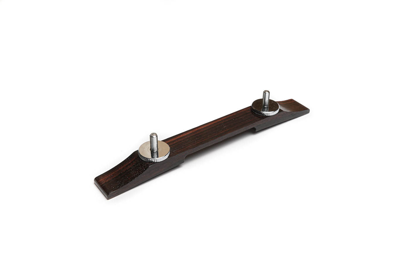 Dark brown wooden guitar bridge with two chrome thumb screws attached.