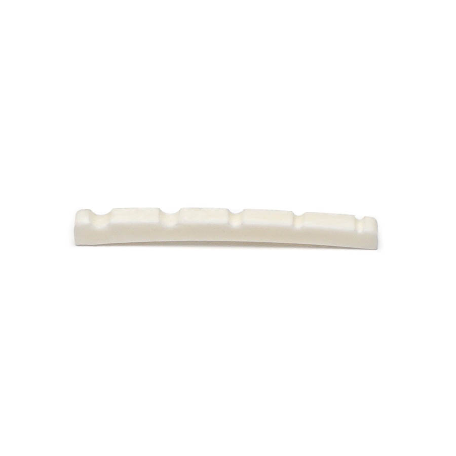 Off-white slotted nut with five string grooves on a white background.
