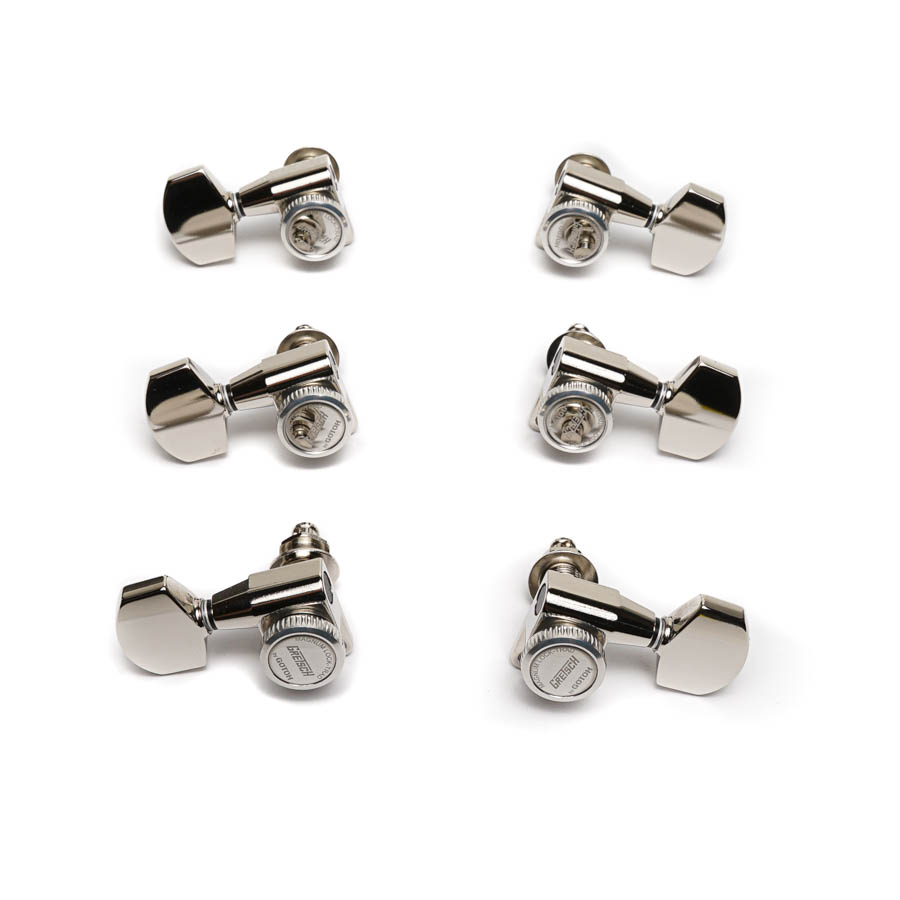 Six silver metal locking tuning pegs arranged in pairs on a white background.
